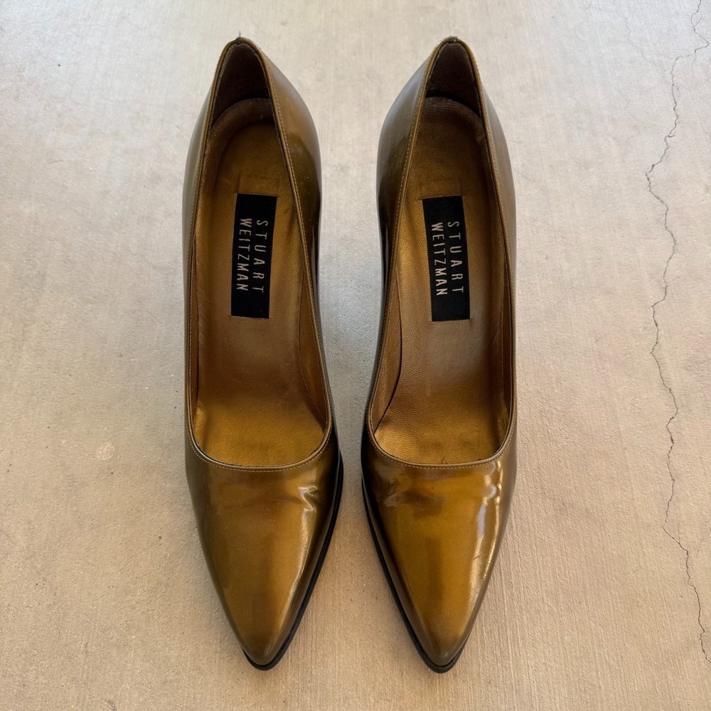 Stuart Weitzman Pumps Womens 8.5M Olive Patent Leather Pointed Toe Y2K Heels